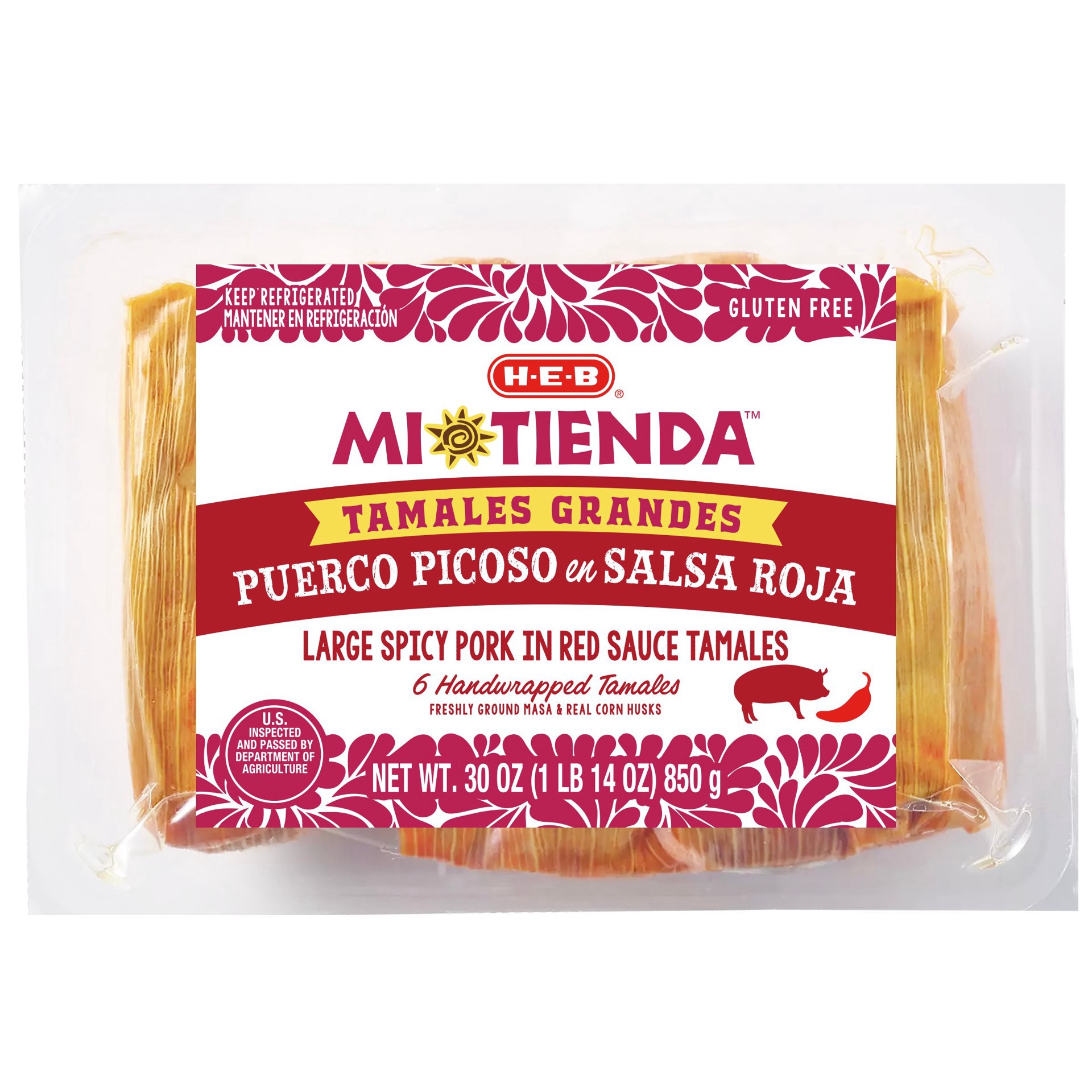 slide 1 of 1, H-E-B Mi Tienda Large Spicy Pork in Red Sauce Tamales Grandes Puerco Picosito, 6 ct