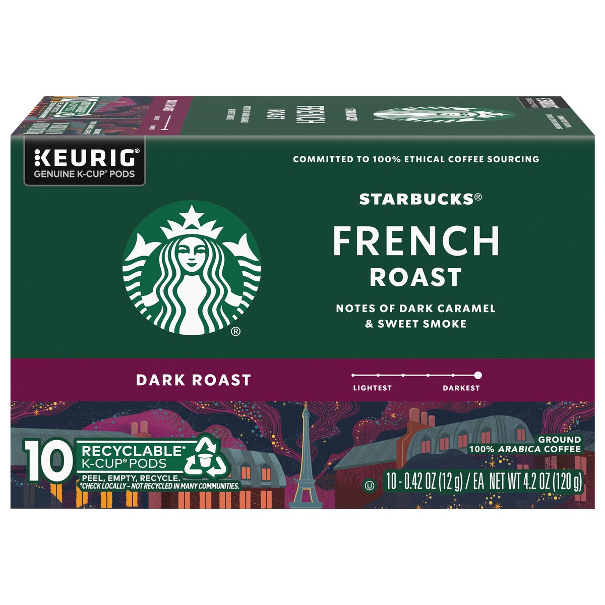 slide 1 of 14, Starbucks K-Cup Pods Dark Roast Ground French Roast Coffee 10 - 0.42 oz Pods, 10 ct
