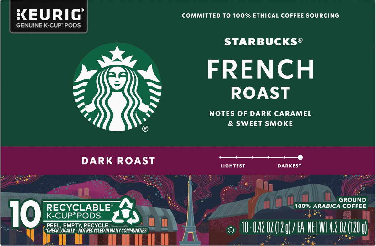 slide 10 of 14, Starbucks K-Cup Coffee Pods—Dark Roast Coffee—French Roast—100% Arabica—1 box (10 pods), 10 ct