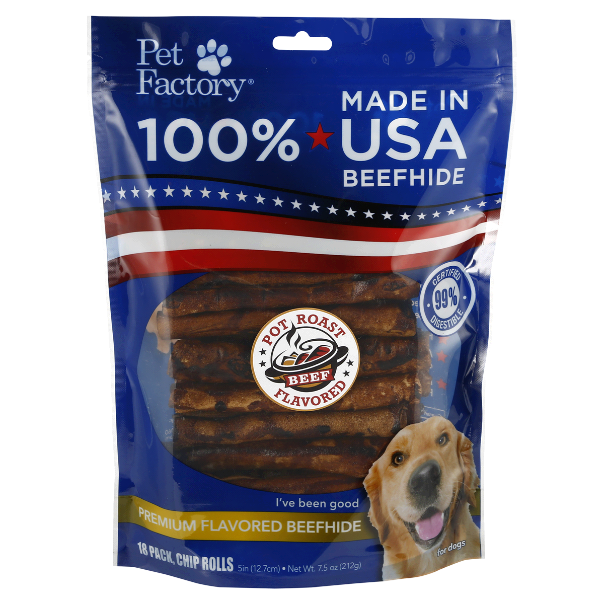 slide 1 of 5, Pet Factory Premium Beefhide Chip Rolls, Beef Pot Roast, 18 ct