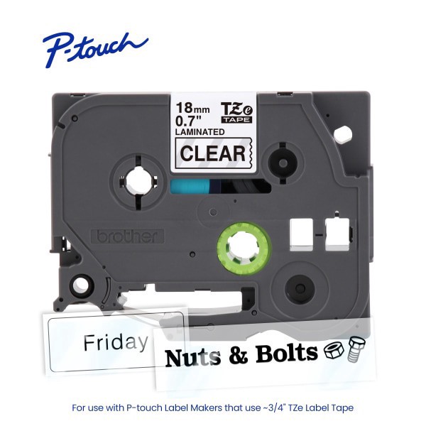 slide 6 of 9, Brother P-touch TZe141, Laminated, ~3/4"" x 26.2 ft (18mm x 8m), Black on Clear Label Tape, 26.2 ft