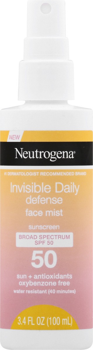 slide 5 of 6, Neutrogena Invisible Daily Defense Face Mist, Broad Spectrum SPF 50 Sunscreen, Oxybenzone-Free, Sun & Environmental Aggressor Protection, Antioxidant Complex, 3.4 fl. oz, 3.40 fl oz