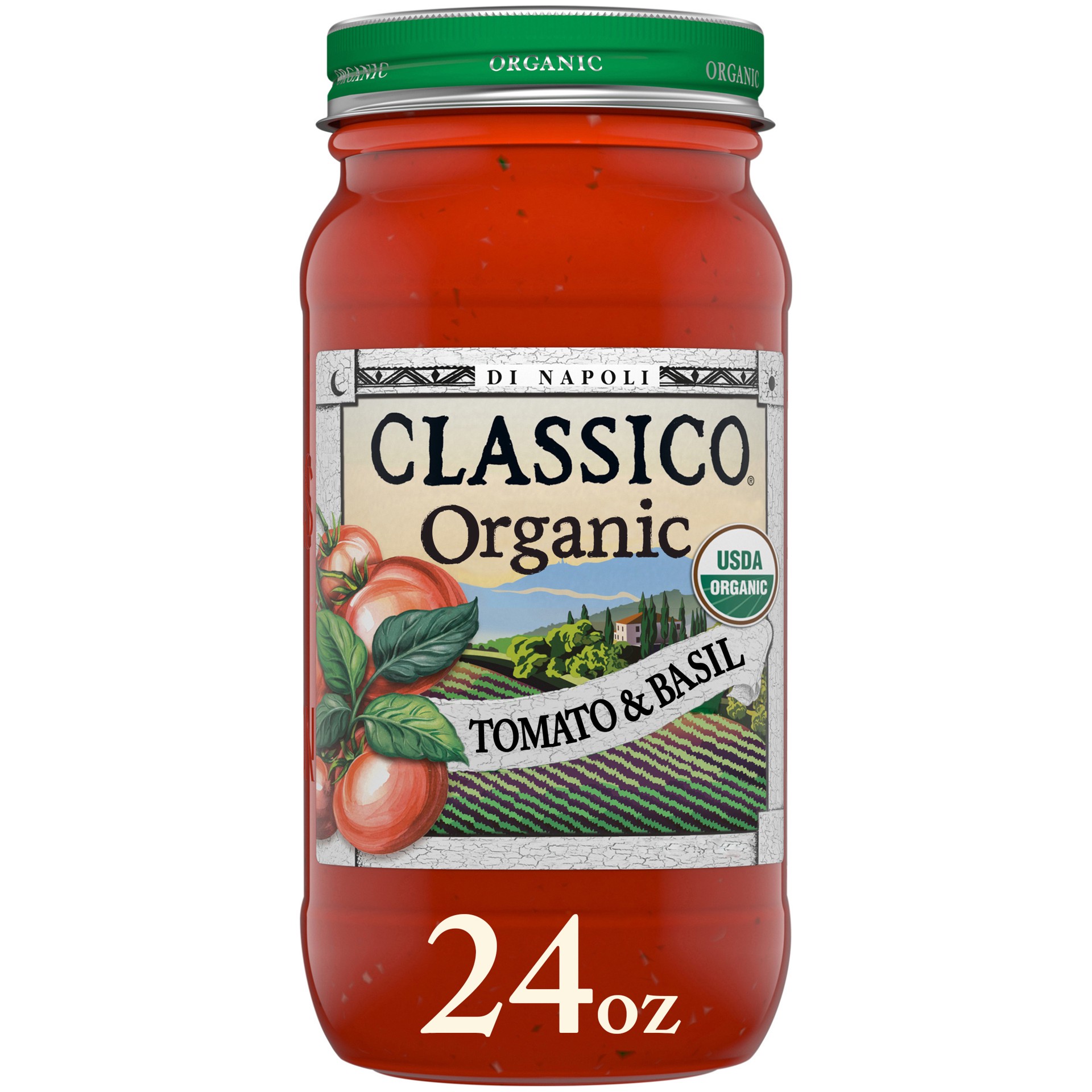 slide 1 of 5, Classico Organic Tomato & Basil Pasta Sauce with No Sugar Added, 24 oz Jar, 24 oz