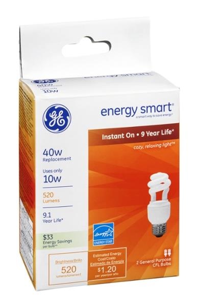 slide 1 of 1, GE Energy Smart Spiral CFL 10 Watt Spiral Light Bulbs with Medium Base, 2 ct