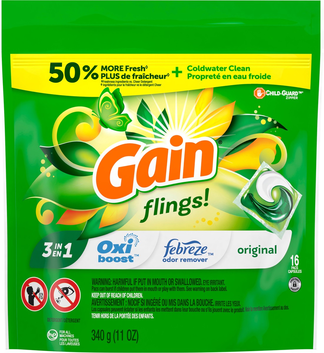 slide 2 of 7, Gain flings! Liquid Laundry Detergent Soap Pacs, HE Compatible, 16 Count, Long Lasting Scent, Original Scent, 16 ct