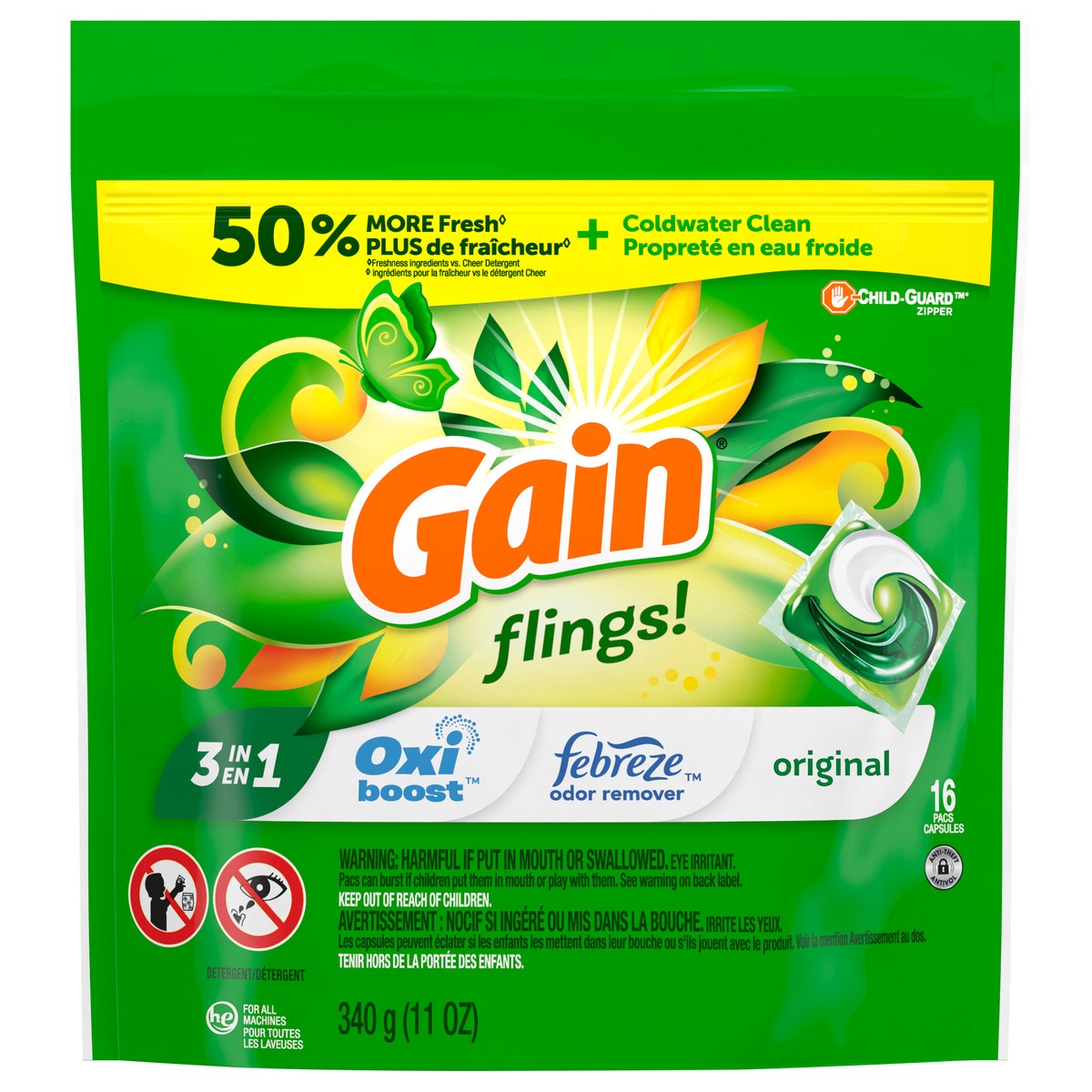 slide 1 of 7, Gain flings! Liquid Laundry Detergent Soap Pacs, HE Compatible, 16 Count, Long Lasting Scent, Original Scent, 16 ct