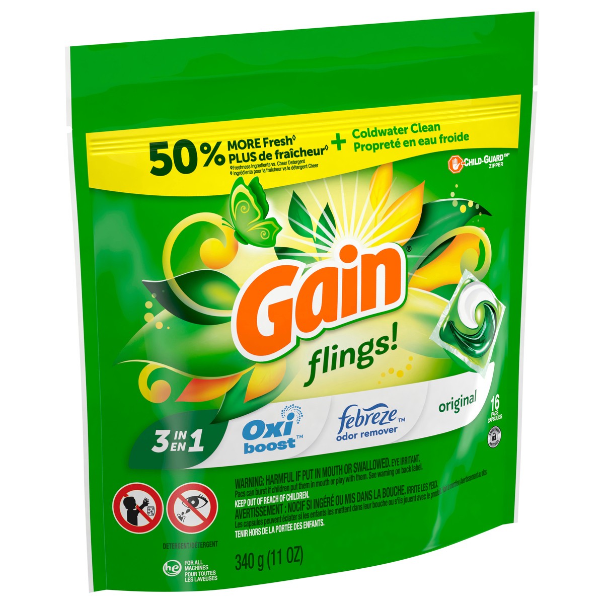 slide 5 of 7, Gain flings! Liquid Laundry Detergent Soap Pacs, HE Compatible, 16 Count, Long Lasting Scent, Original Scent, 16 ct