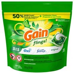 Gain Flings Laundry Detergent Pacs, 16 Count, Original Scent, with Odor Defense, concentrated laundry soap pacs