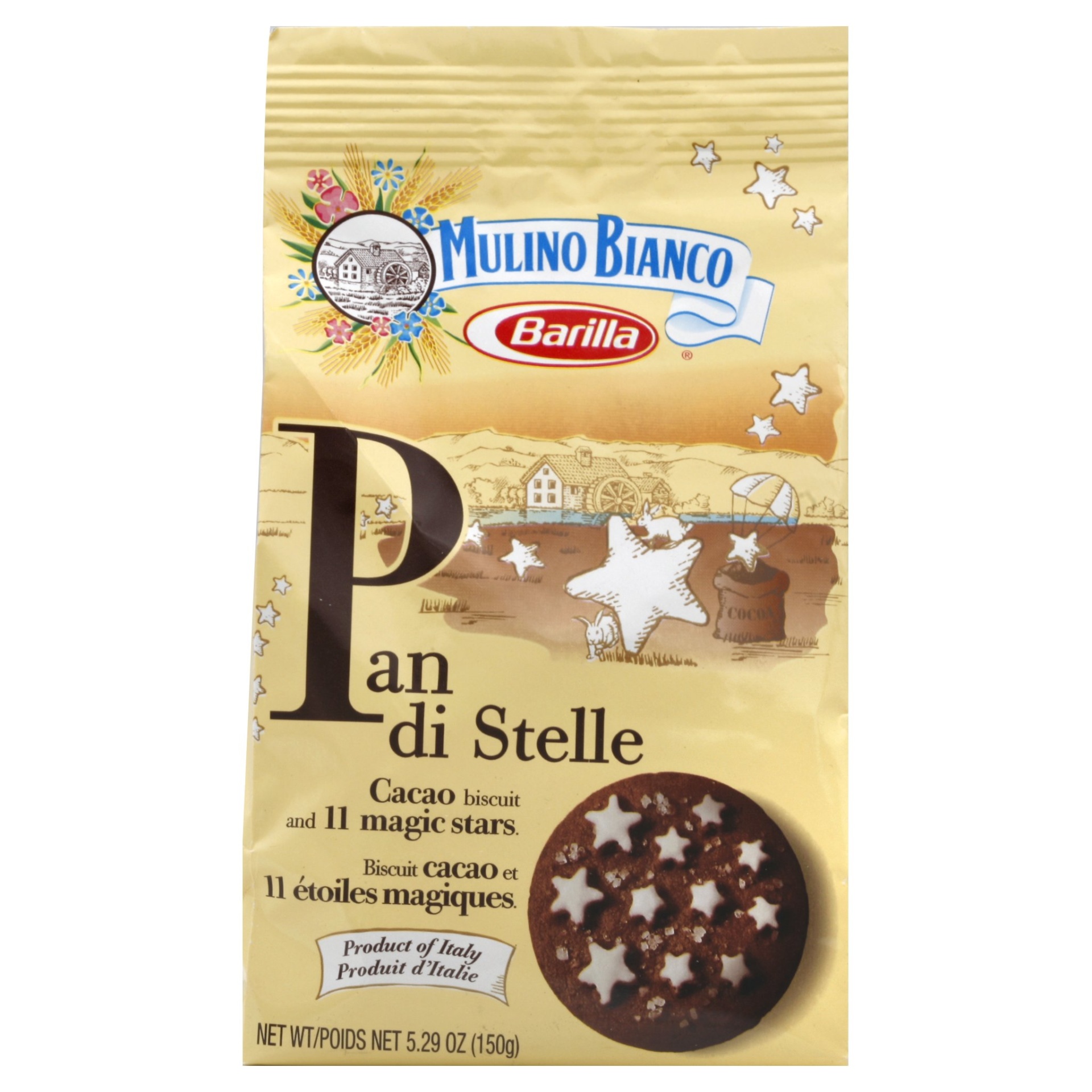 slide 1 of 8, Barilla Mulino Bianco Pan Di Stelle Cocoa Cookies with Iced Sugar Stars, 5.29 oz