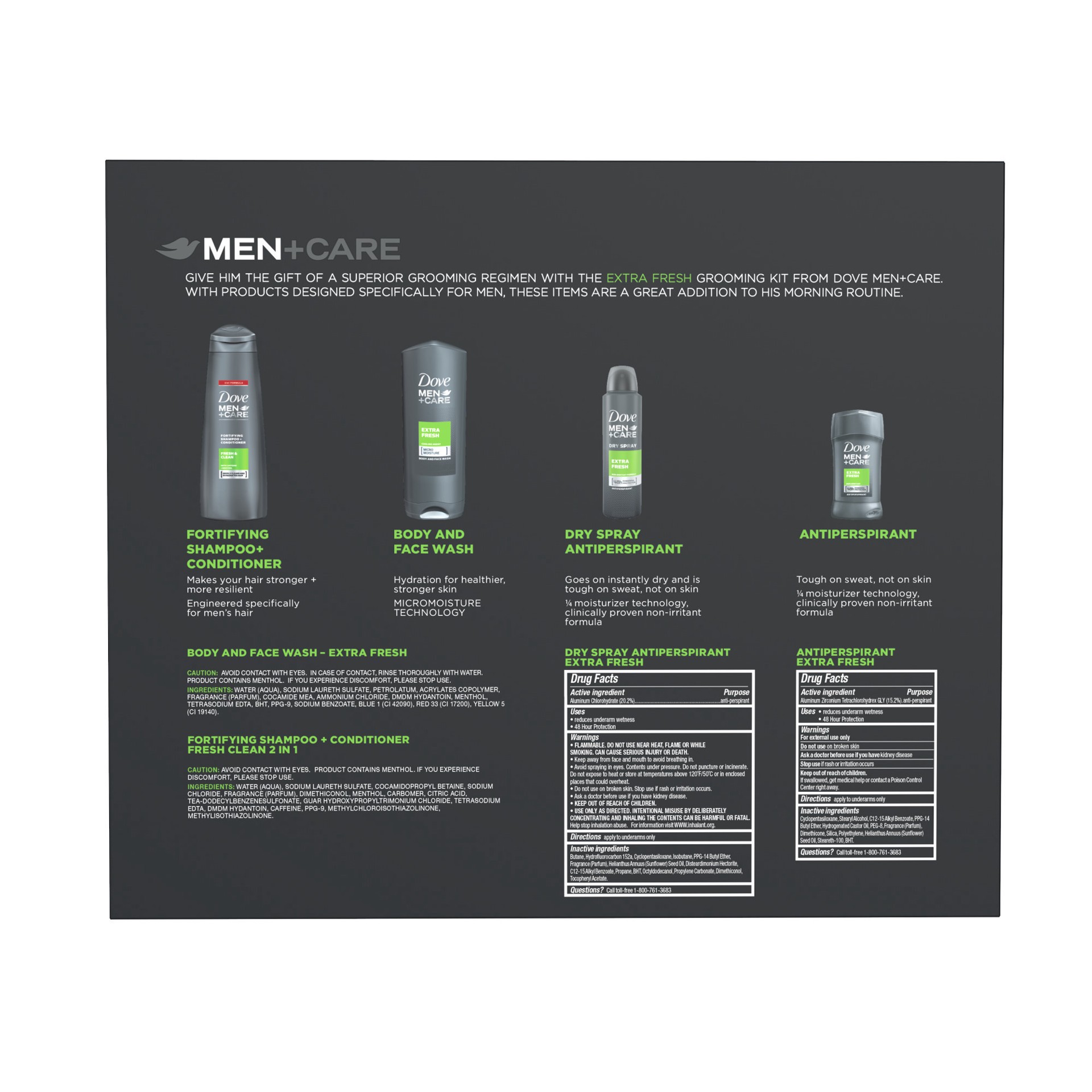 slide 2 of 3, Dove Men+Care 2 in 1 Fortifying Shampoo, Body Wash, Dry Spray and Antiperspirant Deodorant Gift Box Extra Fresh, 4 count, 4 ct