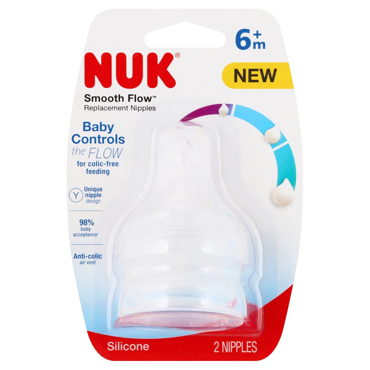 slide 1 of 9, Nuk Silicone Smooth Flow Nipple, 2 ct