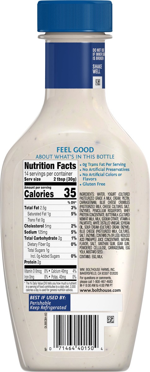 slide 6 of 7, Bolthouse Farms Dressing , Chunky Blue Cheese Creamy Yogurt Dressing, 14 fl. oz., 