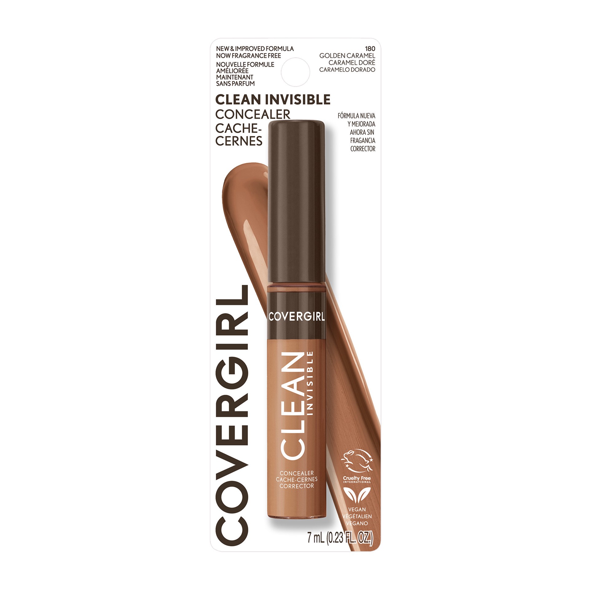 slide 1 of 1, Covergirl Clean Invisible Concealer, Lightweight, Hydrating, Vegan Formula, Golden Caramel 180, 0.23oz (7ml), 0.23 fl oz