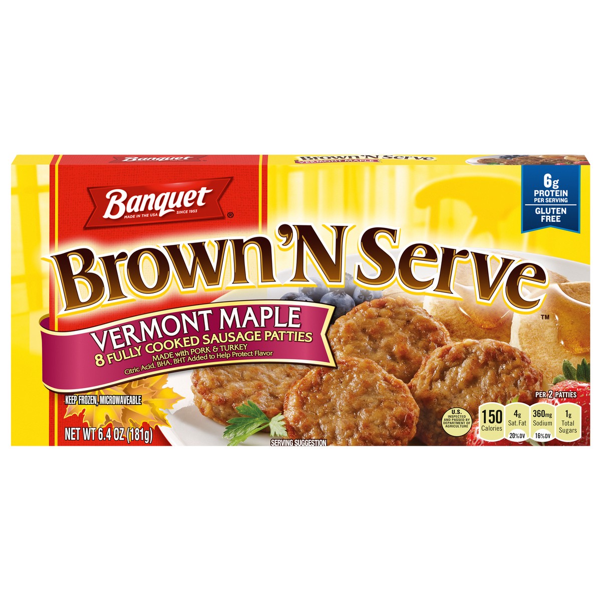 slide 1 of 5, Banquet Brown 'N Serve Vermont Maple Fully Cooked Sausage Patties, Frozen Meat, 8 Count, 6.4 OZ, 8 ct