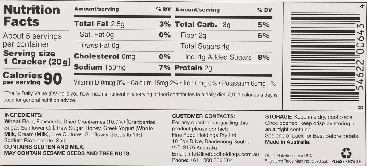 slide 11 of 12, Olina's Bakehouse Cranberry & Sunflower Seed Artisan Crackers - 3.5 oz, 3.5 oz
