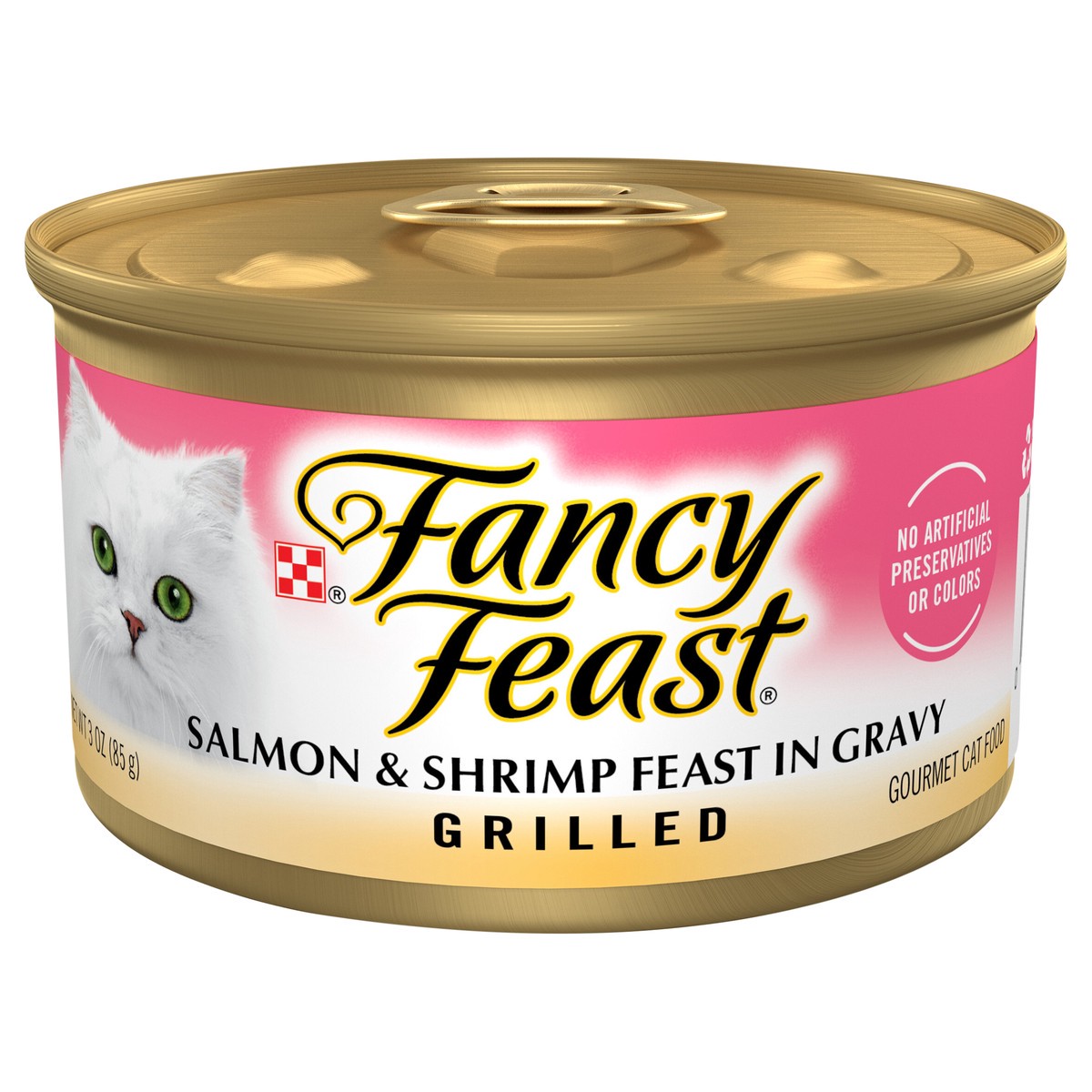 slide 1 of 9, Fancy Feast Purina Fancy Feast Grilled Wet Cat Food Salmon and Shrimp Feast in Wet Cat Food Gravy, 3 oz