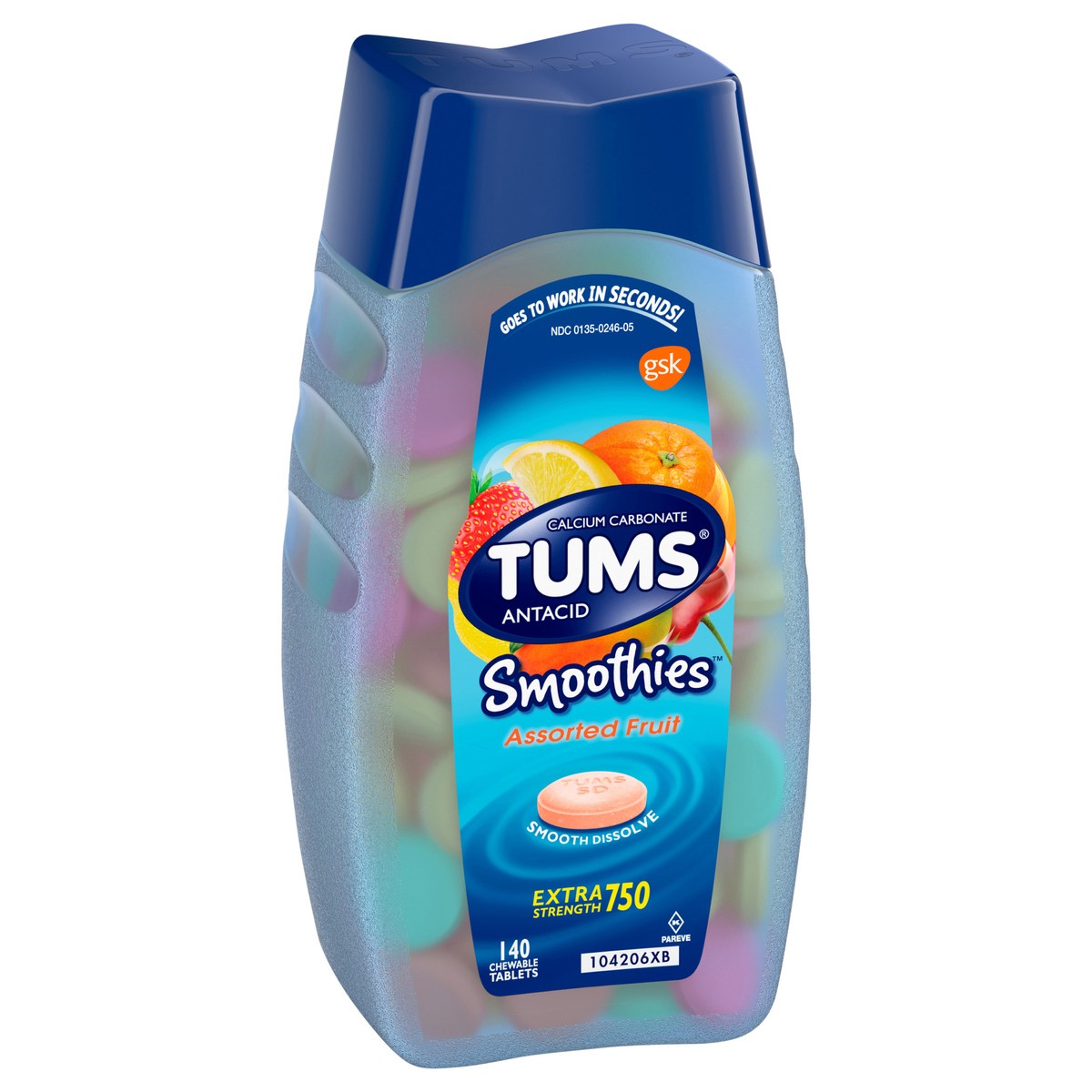 slide 5 of 5, TUMS Smoothies Chewable Extra Strength Antacid Tablets for Heartburn Relief, Assorted Fruit - 140 Count, 140 ct
