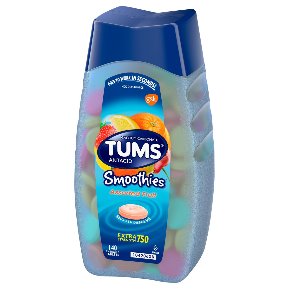 slide 4 of 5, TUMS Smoothies Chewable Extra Strength Antacid Tablets for Heartburn Relief, Assorted Fruit - 140 Count, 140 ct
