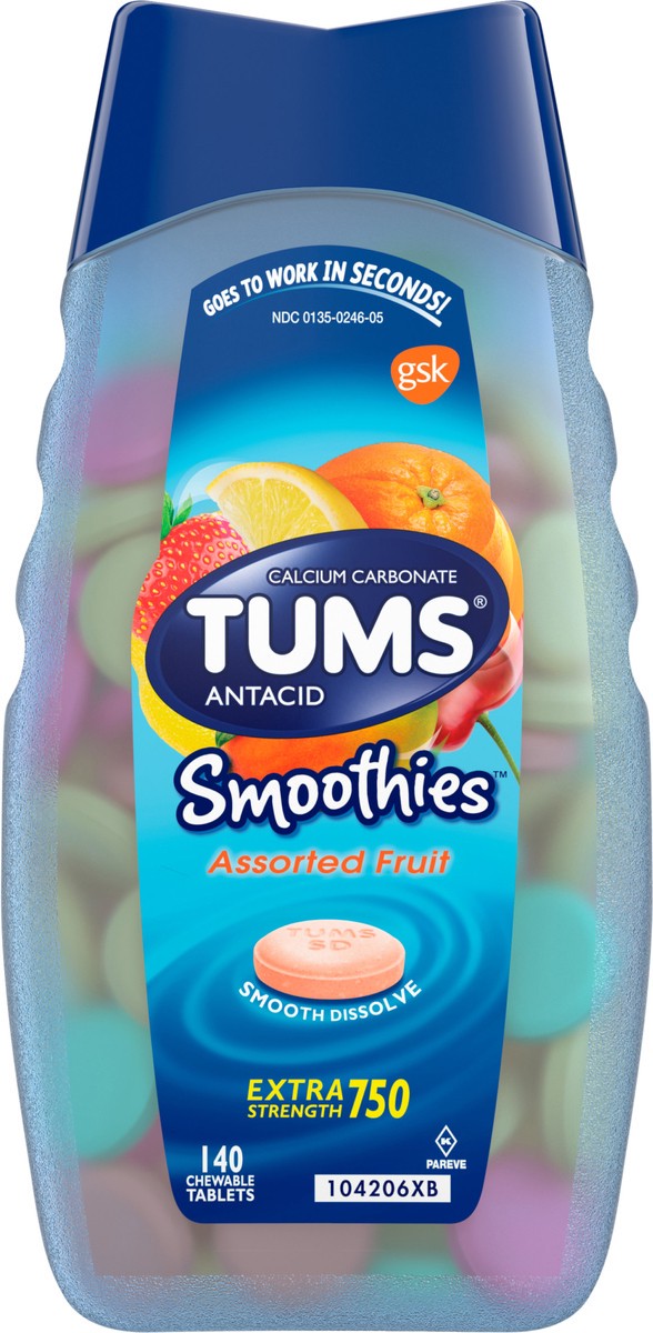slide 3 of 5, TUMS Smoothies Chewable Extra Strength Antacid Tablets for Heartburn Relief, Assorted Fruit - 140 Count, 140 ct