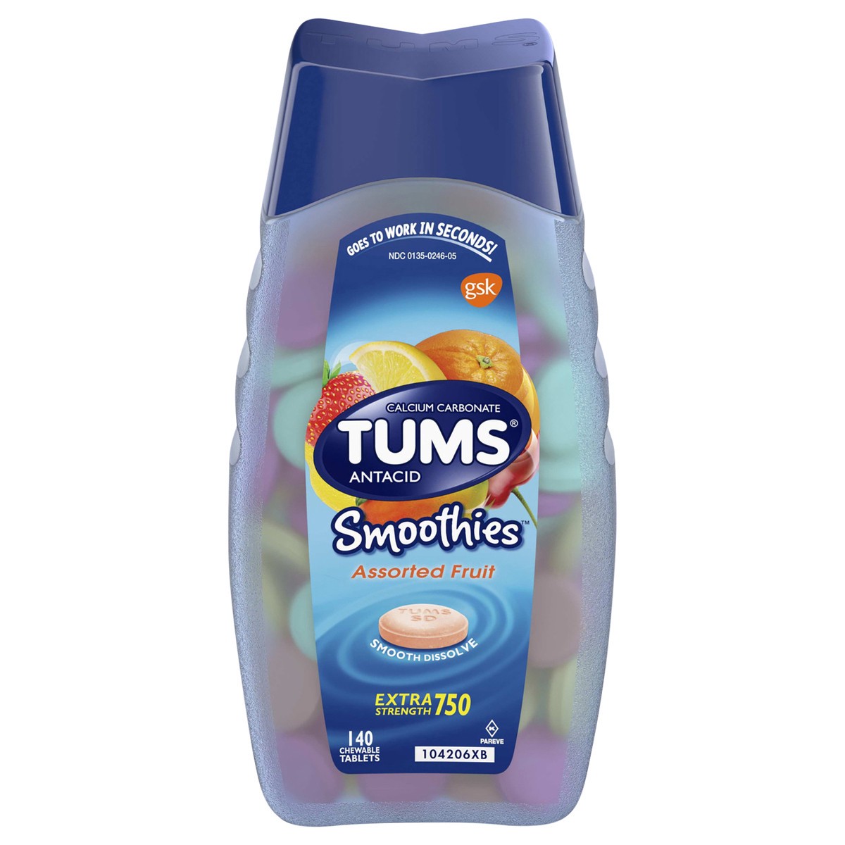 slide 1 of 5, TUMS Smoothies Chewable Extra Strength Antacid Tablets for Heartburn Relief, Assorted Fruit - 140 Count, 140 ct
