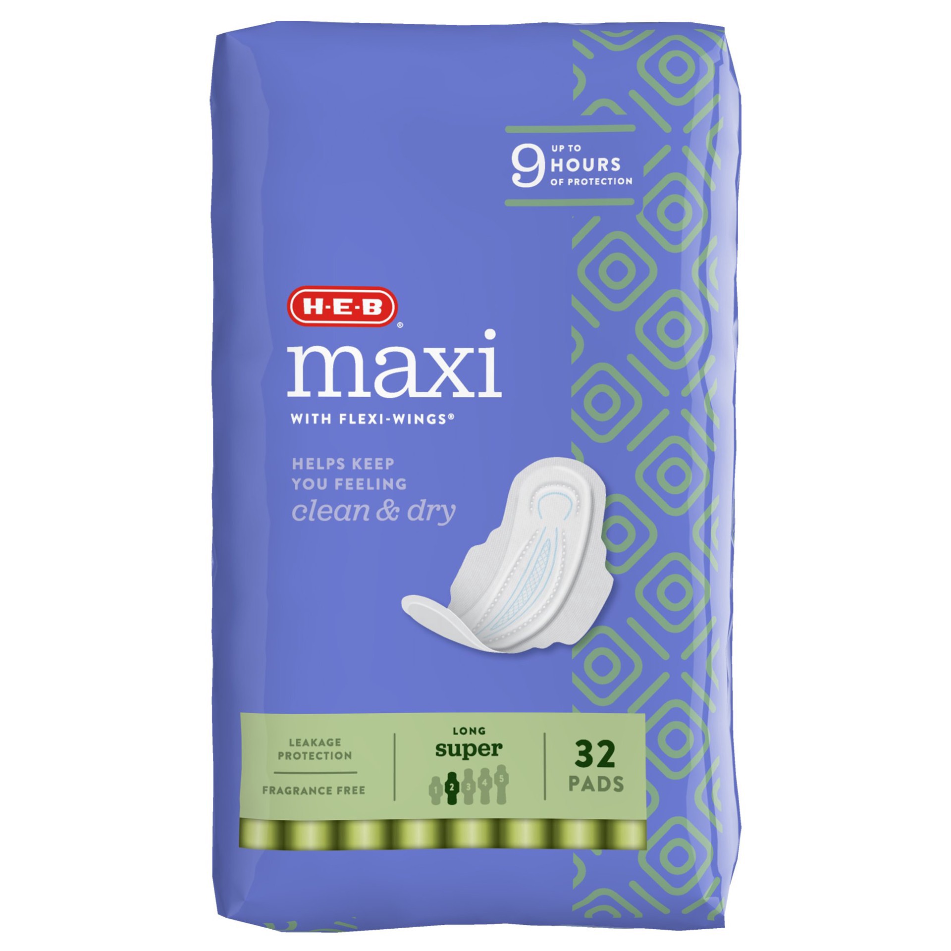 slide 1 of 1, H-E-B Maxi with Flexi-Wings Long Pads - Super, 32 ct