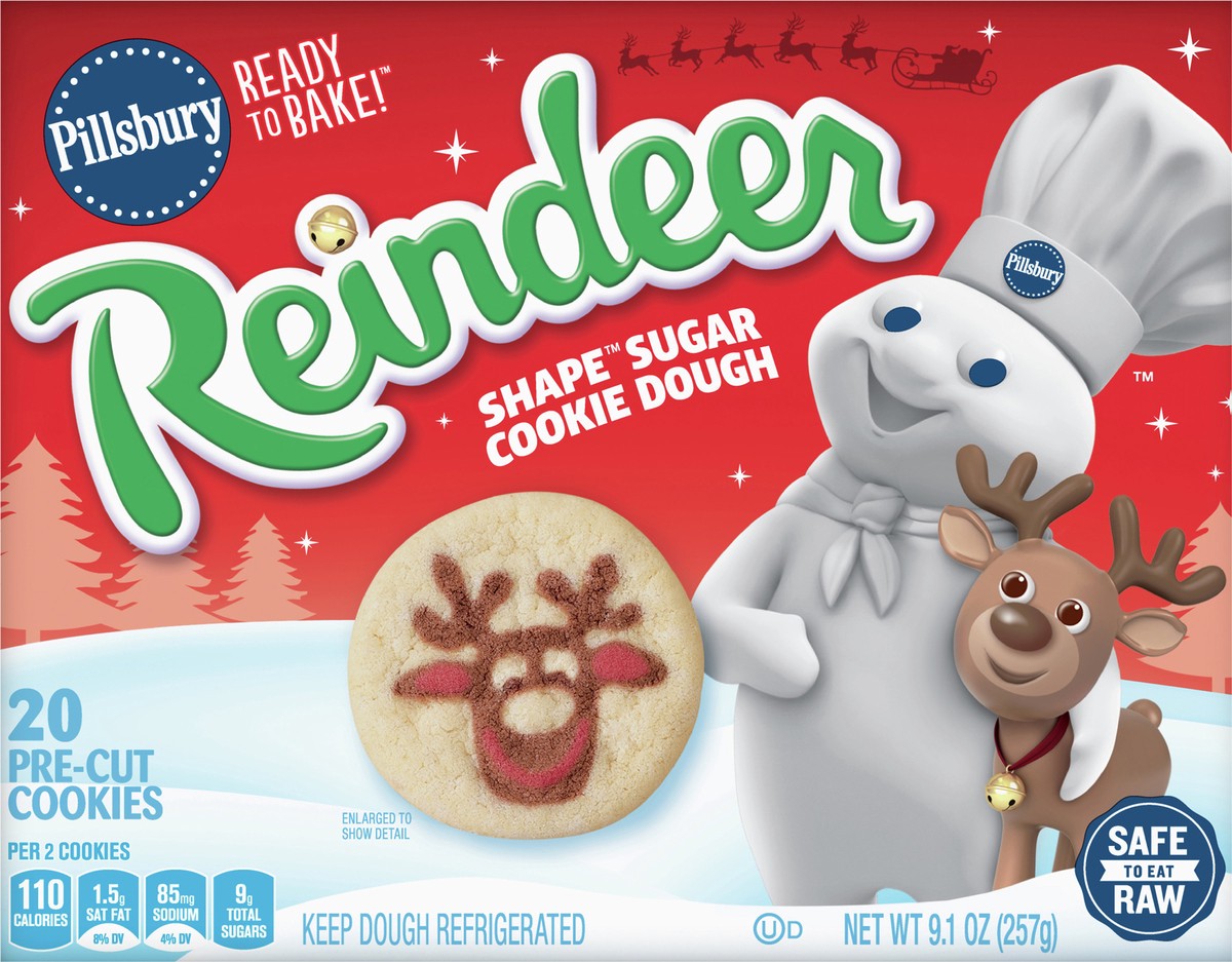 slide 4 of 12, Pillsbury Ready To Bake Reindeer Shape Sugar Cookie Dough, 20 Cookies, 9.1 oz., 9.1 oz