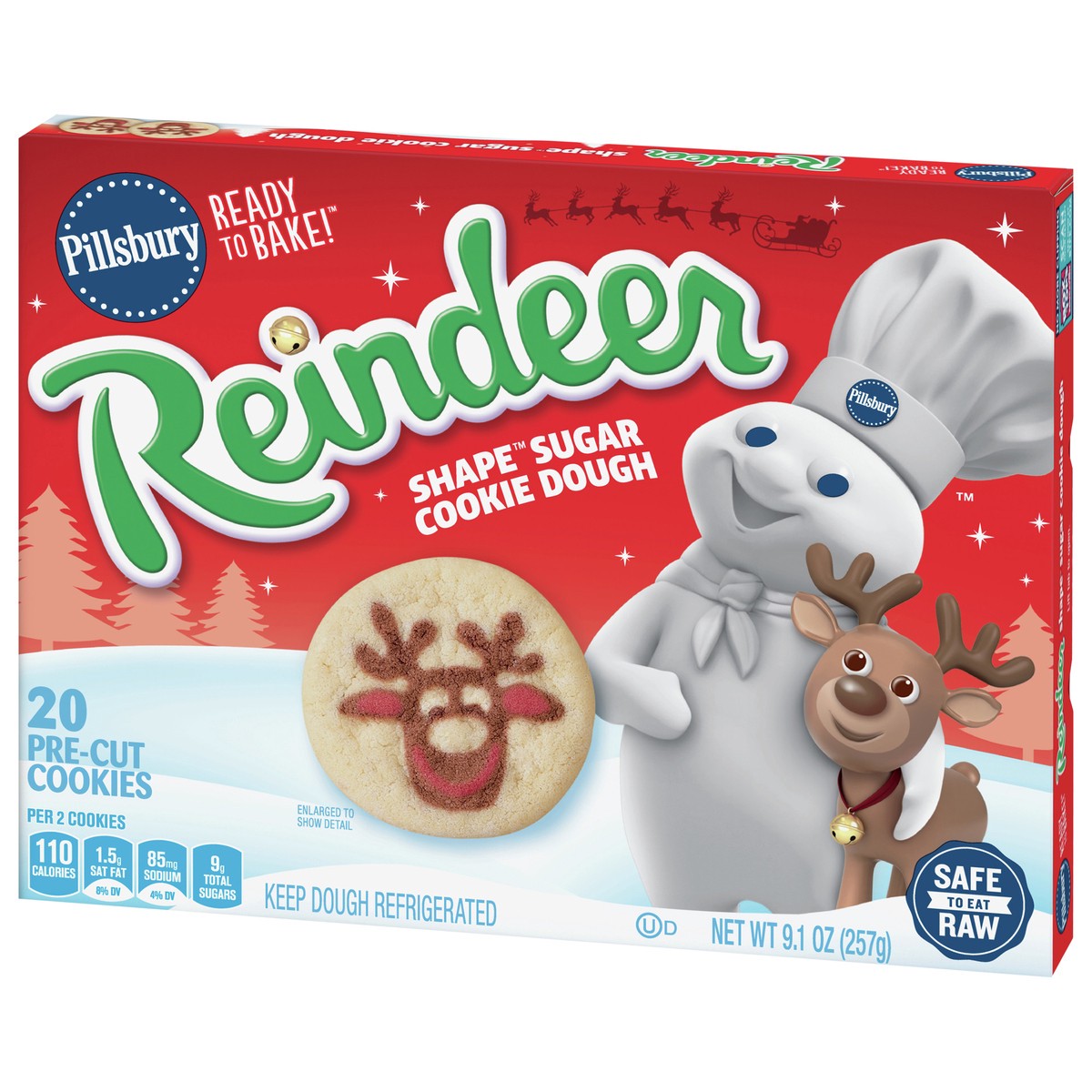 slide 11 of 12, Pillsbury Ready To Bake Reindeer Shape Sugar Cookie Dough, 20 Cookies, 9.1 oz., 9.1 oz