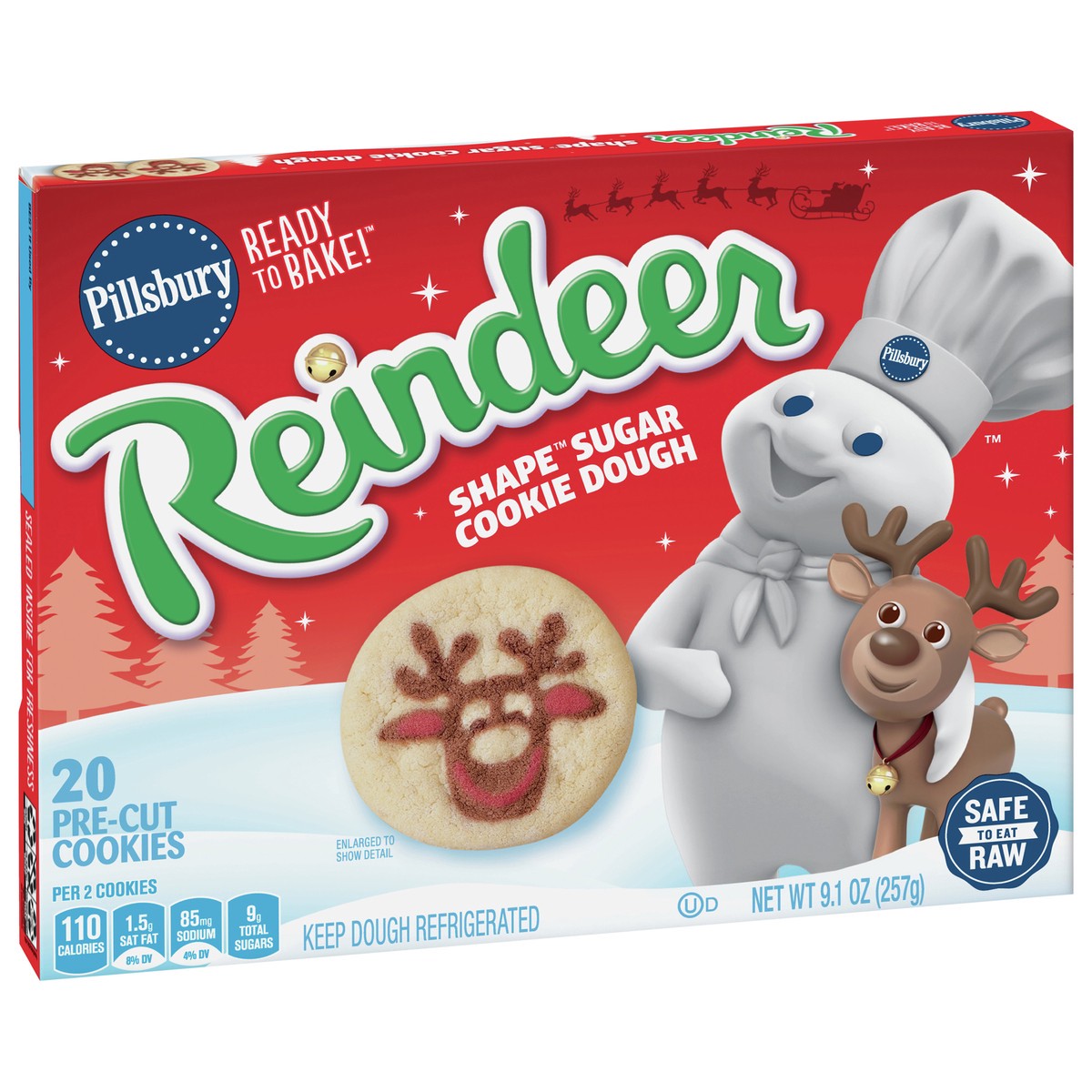 slide 10 of 12, Pillsbury Ready To Bake Reindeer Shape Sugar Cookie Dough, 20 Cookies, 9.1 oz., 9.1 oz