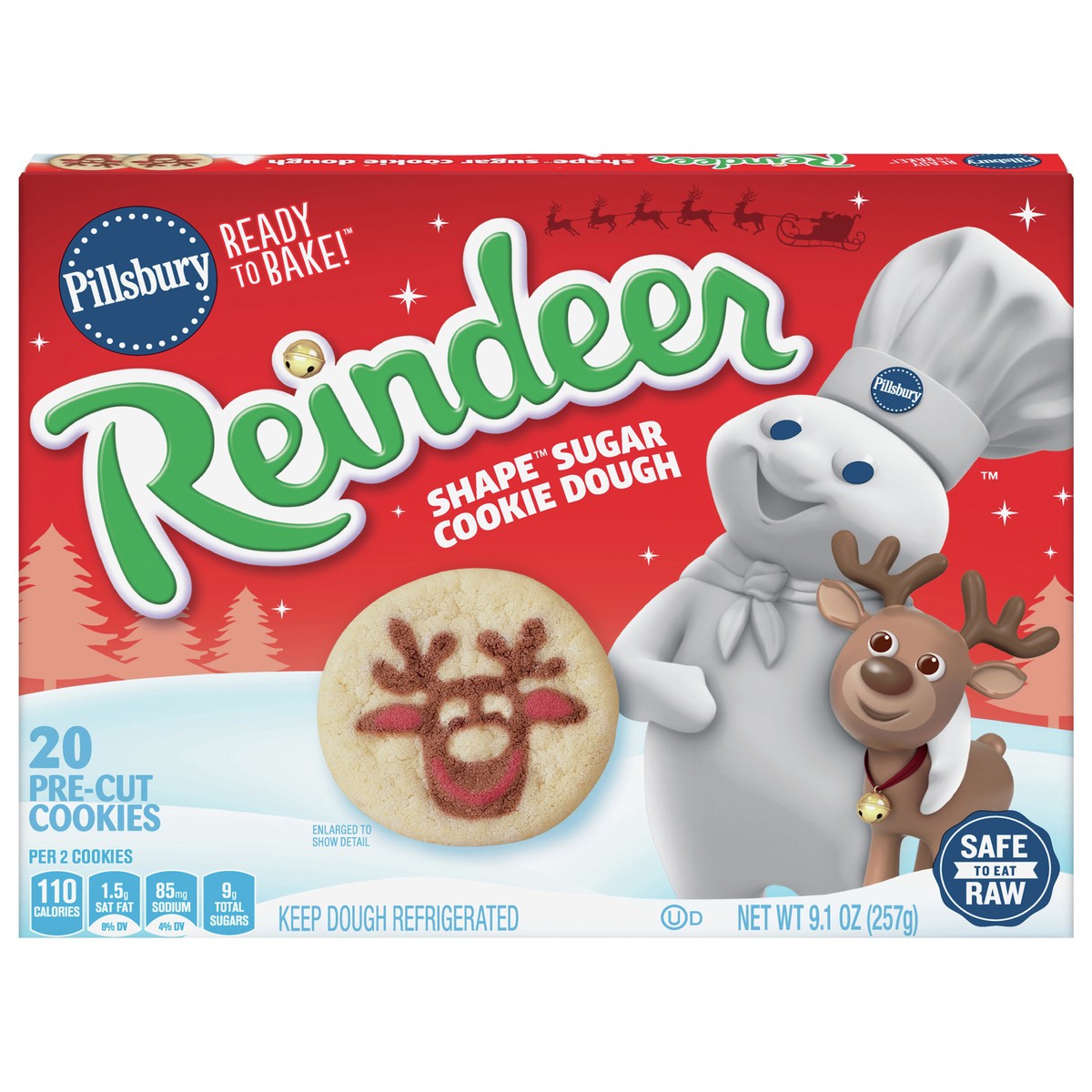 slide 1 of 12, Pillsbury Ready To Bake Reindeer Shape Sugar Cookie Dough, 20 Cookies, 9.1 oz., 9.1 oz