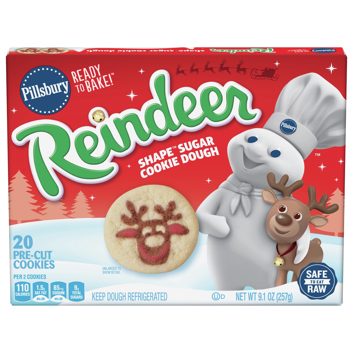 slide 1 of 12, Pillsbury Ready To Bake Reindeer Shape Sugar Cookie Dough, 20 Cookies- 20 ct, 20 ct