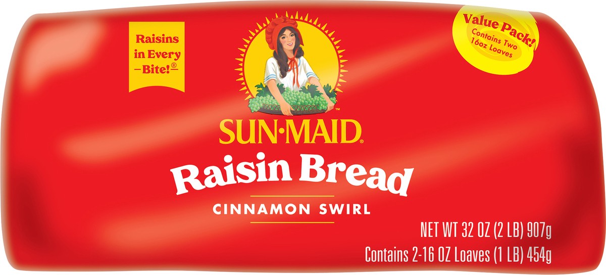 slide 11 of 13, Sun-Maid Cinnamon Swirl Raisin Bread, Cinnamon Raisin Bread, 2-16 oz Loaves, 2 ct