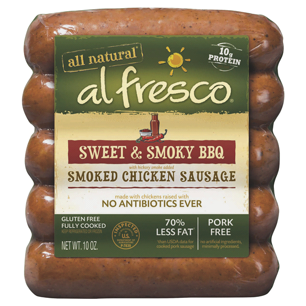 slide 1 of 1, Al Fresco Sweet & Smoky BBQ Chicken Sausage Skinless 10z, 10 oz