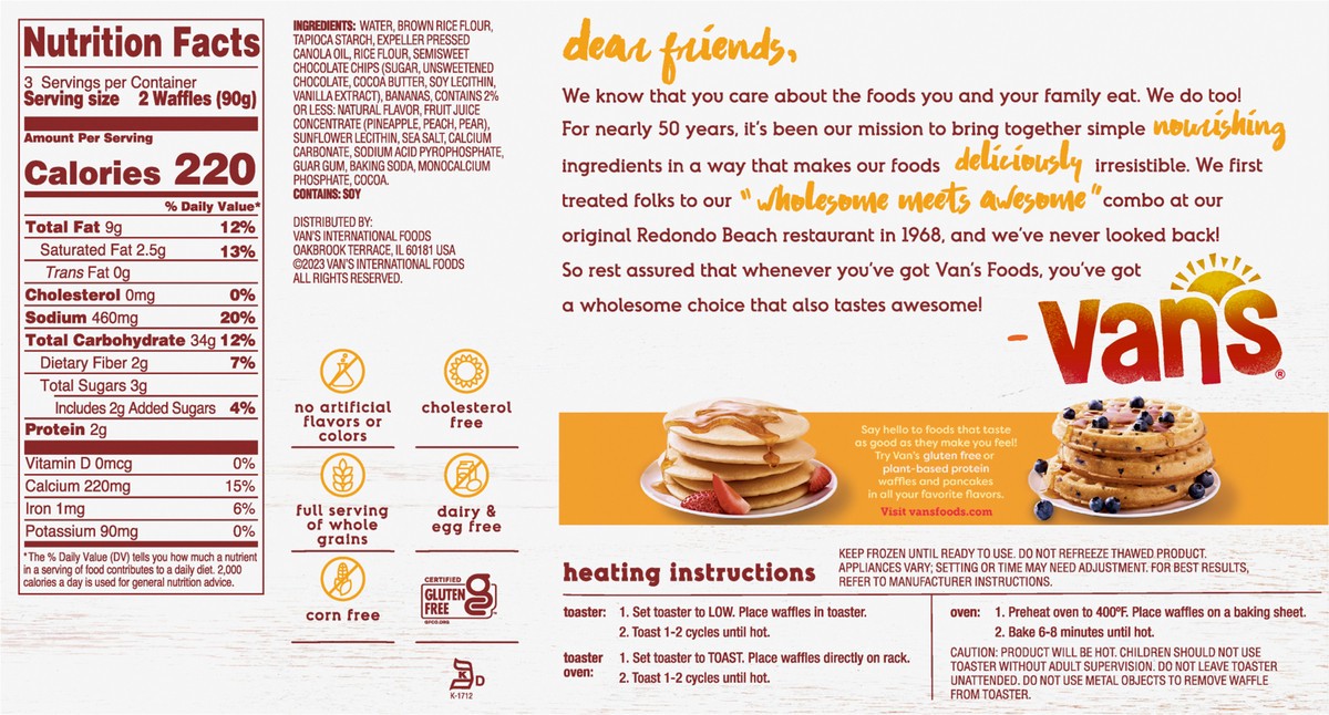 slide 11 of 12, Van's Gluten Free Banana Chocolate Chip Waffles - 6 ct, 9.5 oz