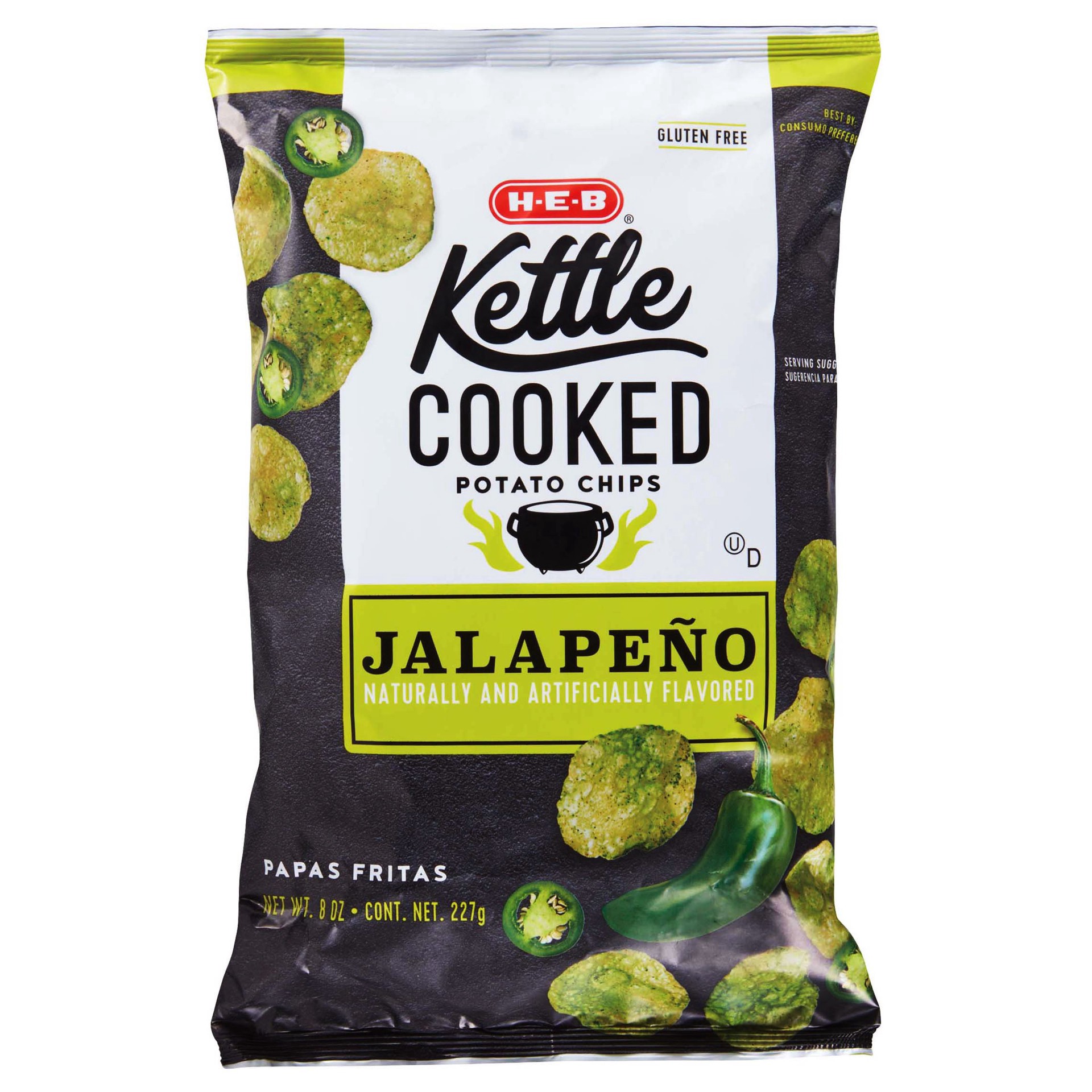slide 1 of 1, H-E-B Kettle Cooked Potato Chips – Jalapeño, 8.5 oz