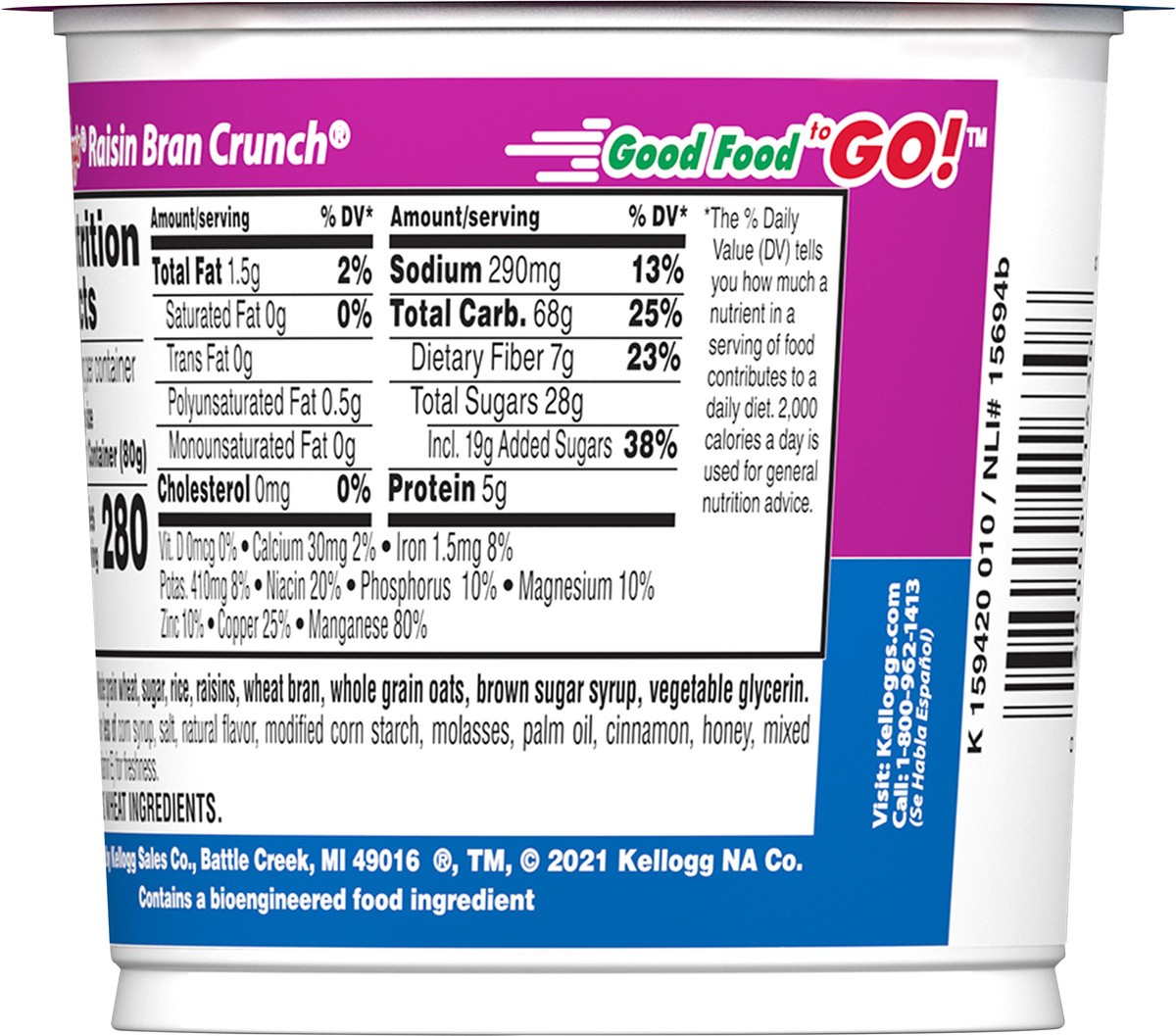 slide 2 of 8, Raisin Bran Kellogg's Raisin Bran Crunch Breakfast Cereal Cups, Family Breakfast, Fiber Cereal, Original, 2.8oz Cup, 1 Cup, 2.8 oz