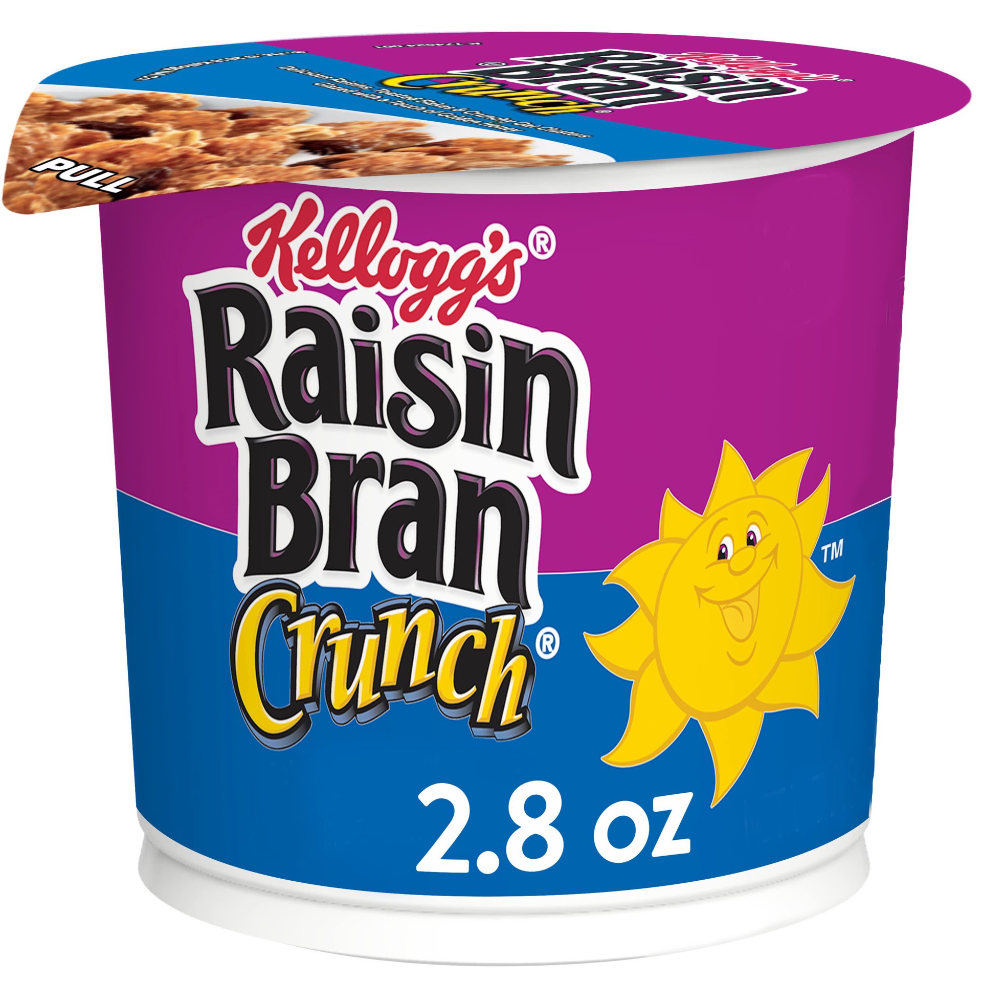 slide 1 of 8, Raisin Bran Kellogg's Raisin Bran Crunch Breakfast Cereal Cups, Family Breakfast, Fiber Cereal, Original, 2.8oz Cup, 1 Cup, 2.8 oz