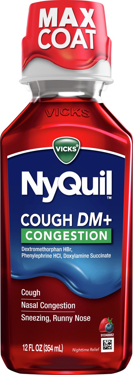 slide 2 of 3, Vicks NyQuil Cough DM+ Congestion Relief Liquid Medicine, Maximum Strength Multi-Symptom Nighttime Relief for Cough, Nasal Congestion, Sneezing and Runny Nose, Cherry Flavor, 12 FL OZ, 12 fl oz