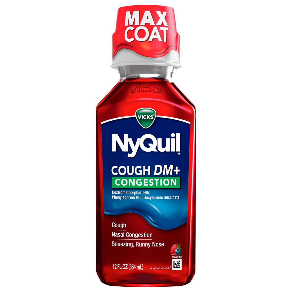 slide 1 of 3, Vicks NyQuil Cough DM+ Congestion Relief Liquid Medicine, Maximum Strength Multi-Symptom Nighttime Relief for Cough, Nasal Congestion, Sneezing and Runny Nose, Cherry Flavor, 12 FL OZ, 12 fl oz