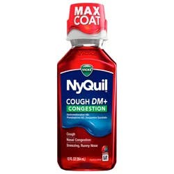 Vicks NyQuil Cough DM+ Congestion Relief Liquid Medicine, Maximum Strength Multi-Symptom Nighttime Relief for Cough, Nasal Congestion, Sneezing and Runny Nose, Cherry Flavor, 12 FL OZ