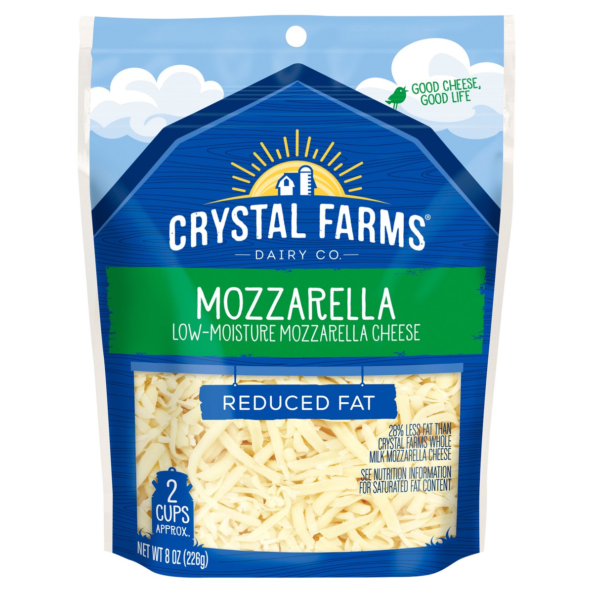 slide 1 of 1, Crystal Farms Shredded Reduced Fat Mozzarella Cheese, 8 oz