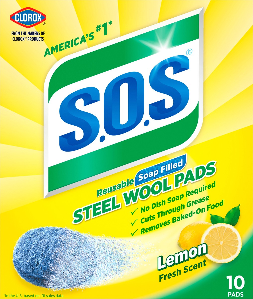slide 1 of 12, Clorox Reusable Soap Filled Lemon Fresh Scent Steel Wool Pads 10 ea, 10 ct