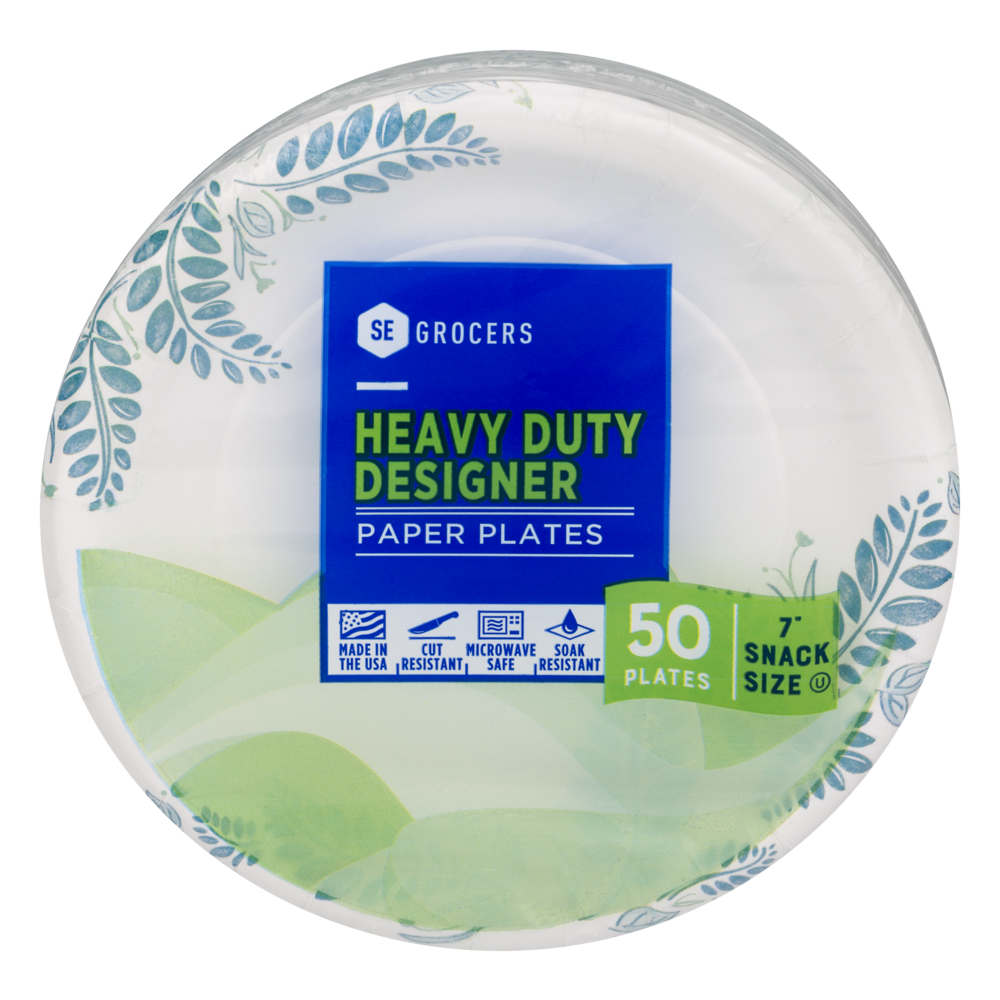 slide 1 of 8, SE Grocers Paper Plates 7'' Snack Size Heavy Duty Designer, 50 ct