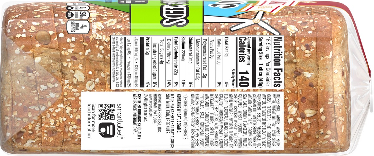 slide 3 of 7, Oroweat Organic 22 Whole Grains & Seeds Bread, 27 oz, Multigrain Bread, Bag, 27 oz