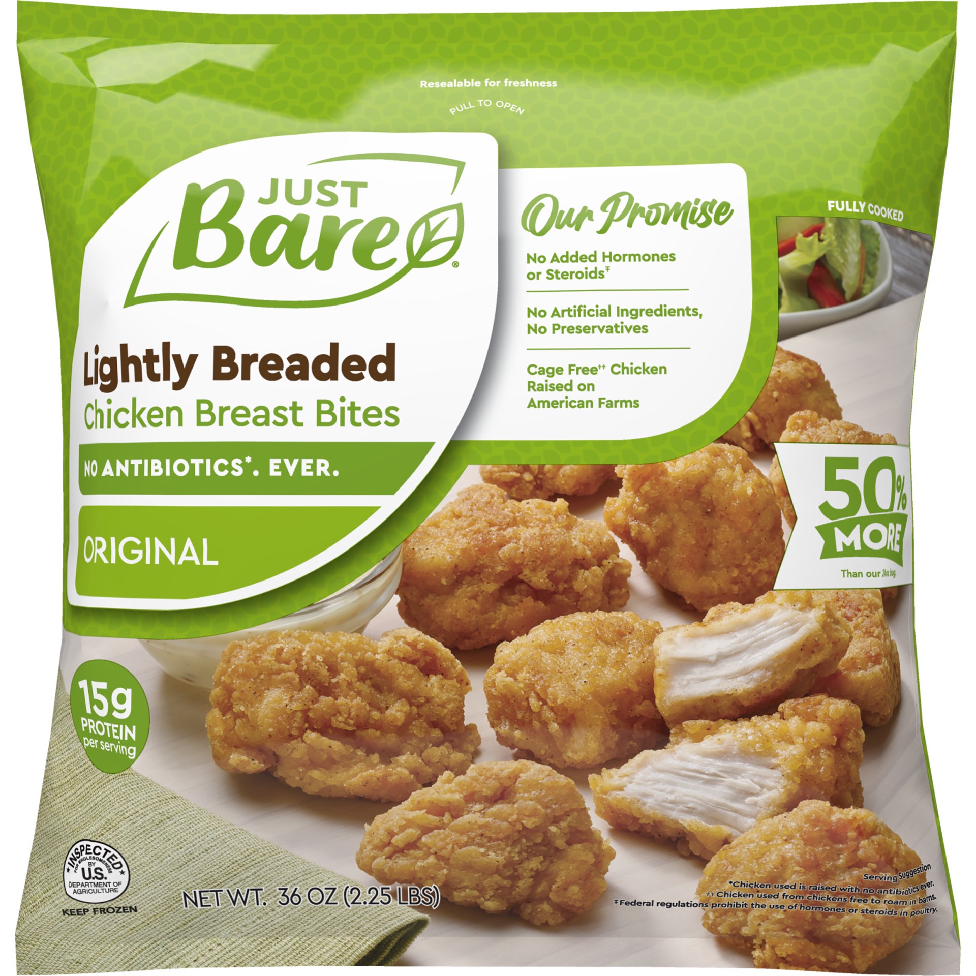 slide 1 of 7, Just BARE Fuly Cooked Bnls Sknl Lightly Breaded Chicken Breast Bites, 36 oz