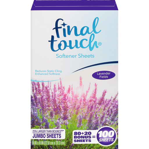 slide 1 of 1, Final Touch Softener Sheets, Jumbo - Lavender Fields, 100 ct