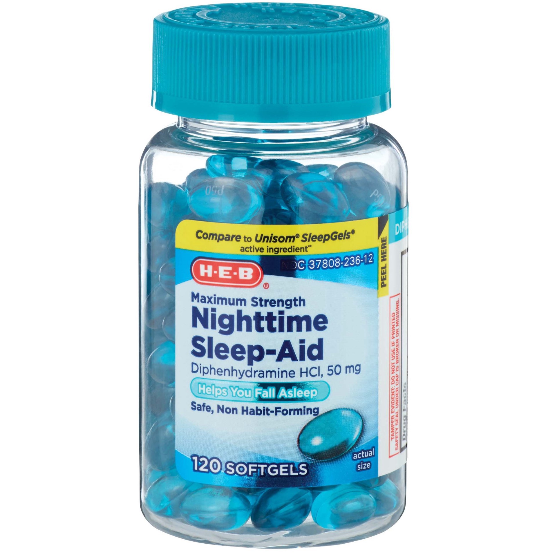 slide 1 of 1, H-E-B Diphenhydramine Nighttime Sleep-Aid Softgels – 50 mg, 120 ct