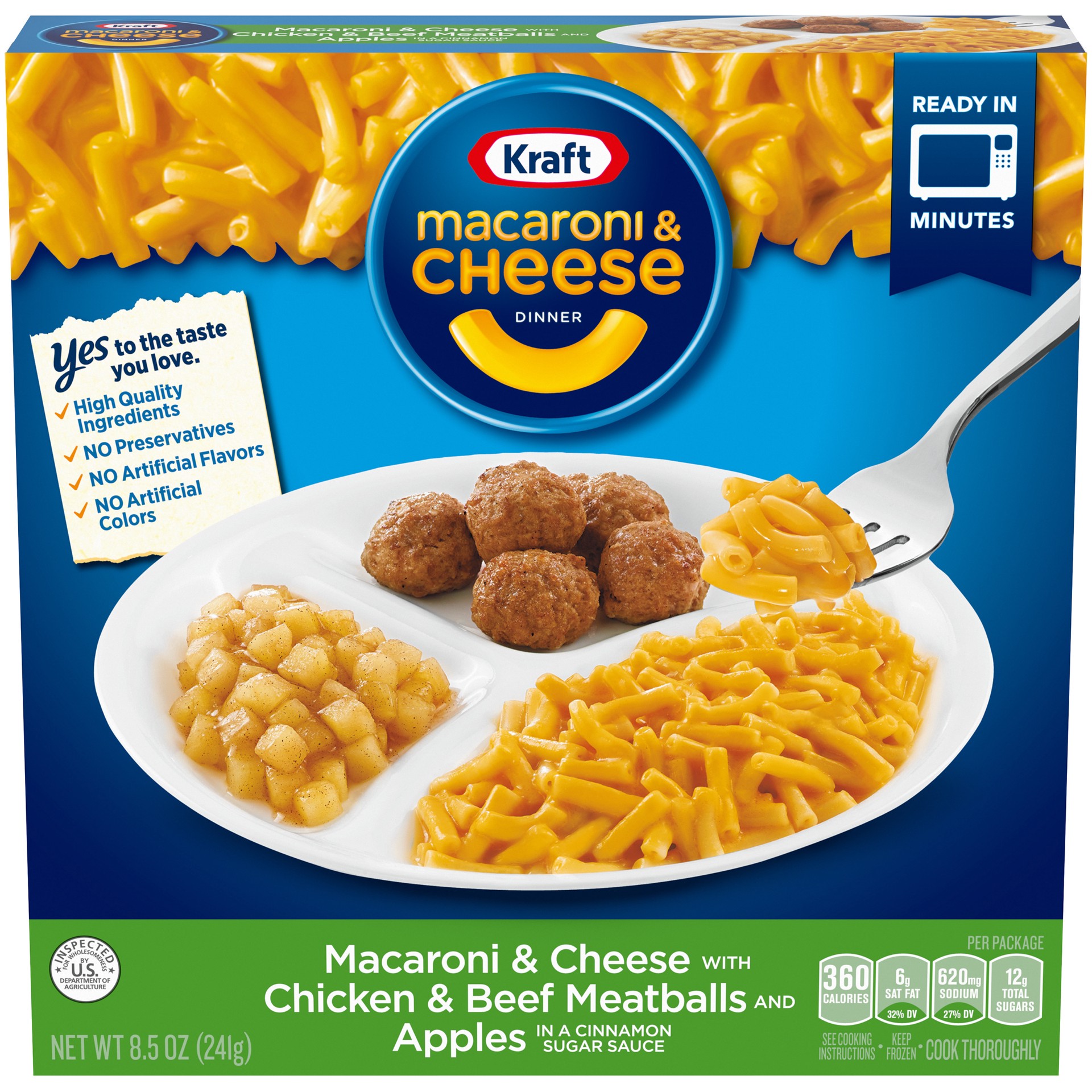 slide 1 of 9, Kraft Macaroni and Cheese Dinner with Chicken & Beef Meatballs and Apples, 8.5 oz