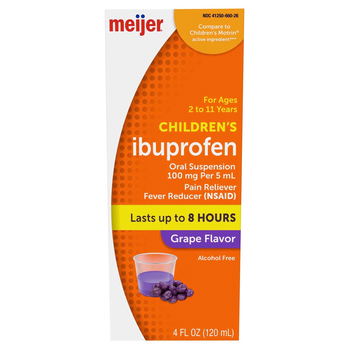 slide 1 of 29, Meijer Children's Ibuprofen Oral Suspension per, Grape Flavor, 100 mg, 5 ml, 4 oz