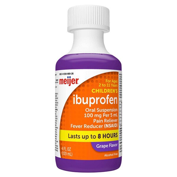 slide 9 of 29, Meijer Children's Ibuprofen Oral Suspension per, Grape Flavor, 100 mg, 5 ml, 4 oz