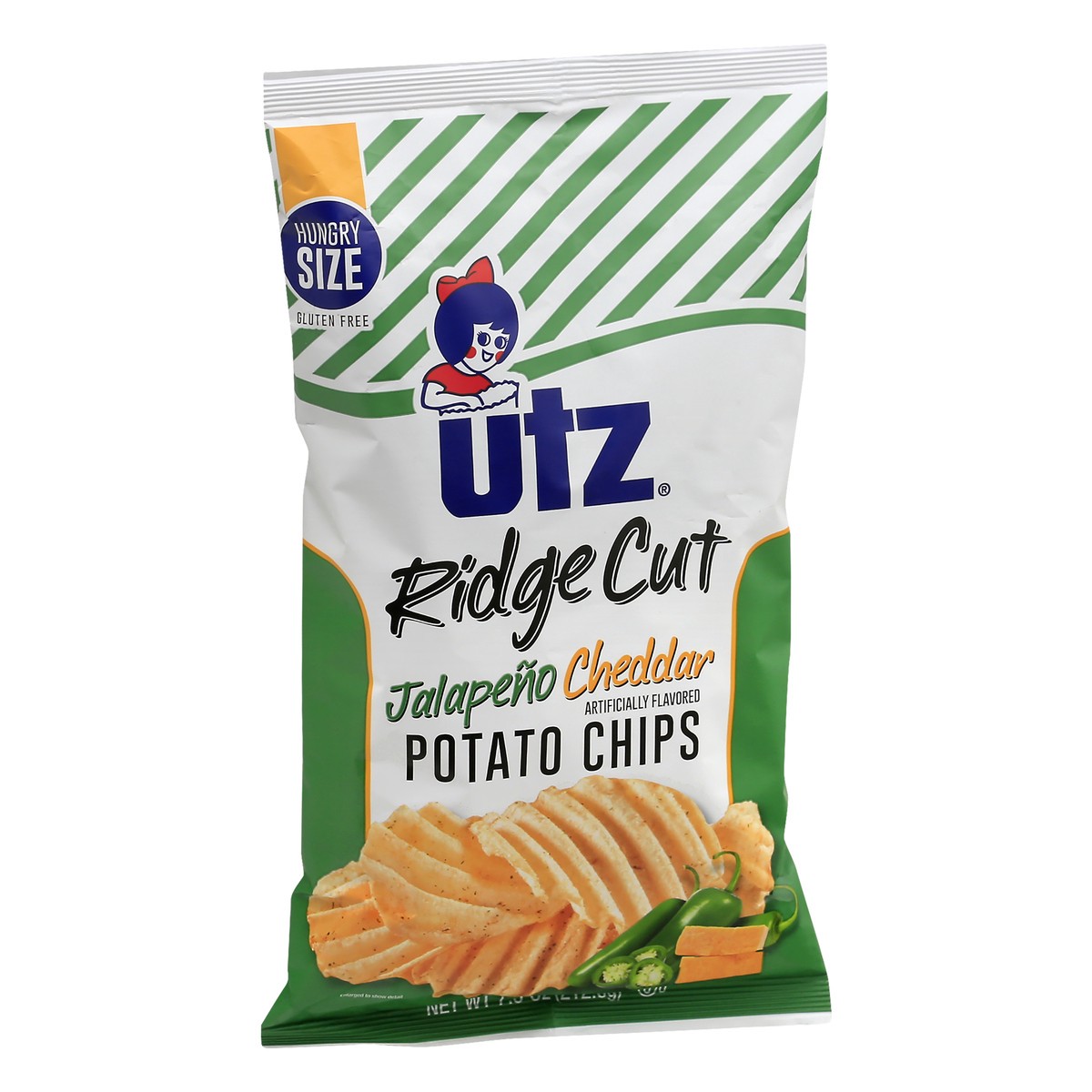 slide 3 of 12, Utz Potato Chips Jalapeno Cheddar Hungry Size Ridge Cut, Bag, 7.5 oz